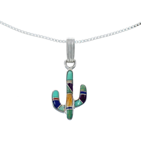 Sterling Silver Italian Box Chain Necklace Multicolor Cactus Inlay Pendant Set SX10326