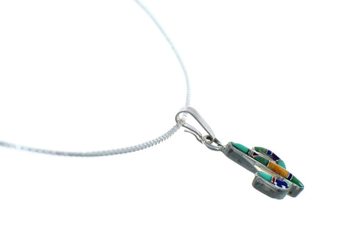 Sterling Silver Italian Box Chain Necklace Multicolor Cactus Inlay Pendant Set SX10326