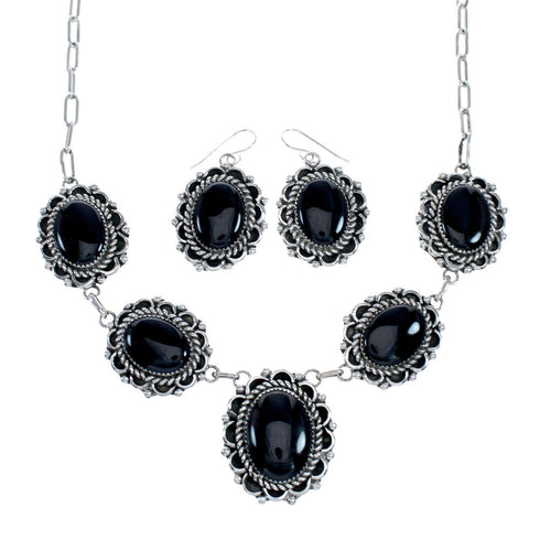 Native American Authentic Navajo Onyx Sterling Silver Necklace Set SX10329