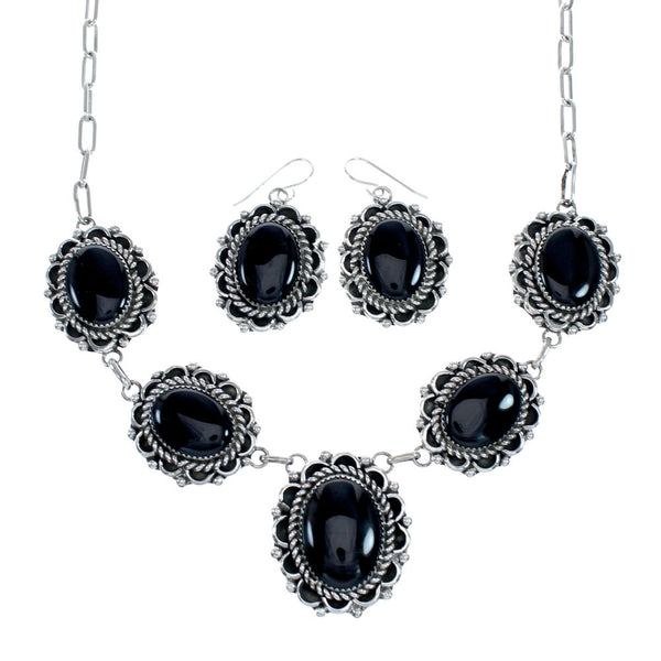 Native American Authentic Navajo Onyx Sterling Silver Necklace Set SX10329