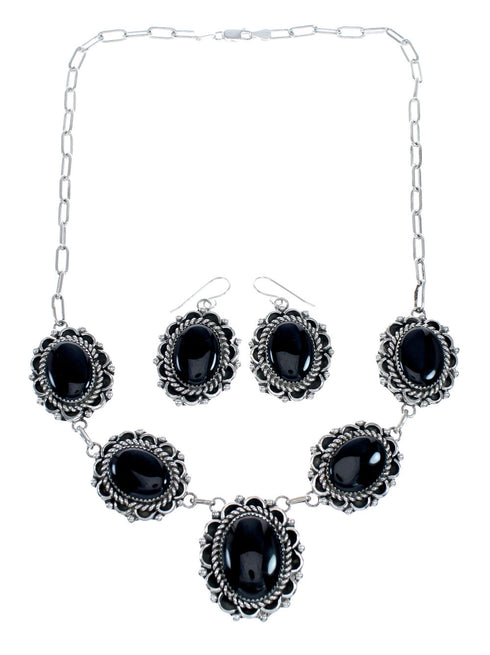 Native American Authentic Navajo Onyx Sterling Silver Necklace Set SX10329