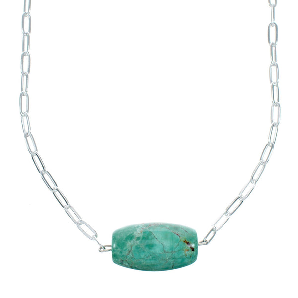 Native American Sterling Silver Link Chain Turquoise Pendant Necklace SX10333