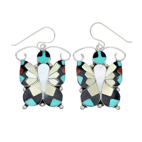 Sterling Silver Multicolor Zuni Butterfly Jewelry Hook Dangle Earrings SX10377
