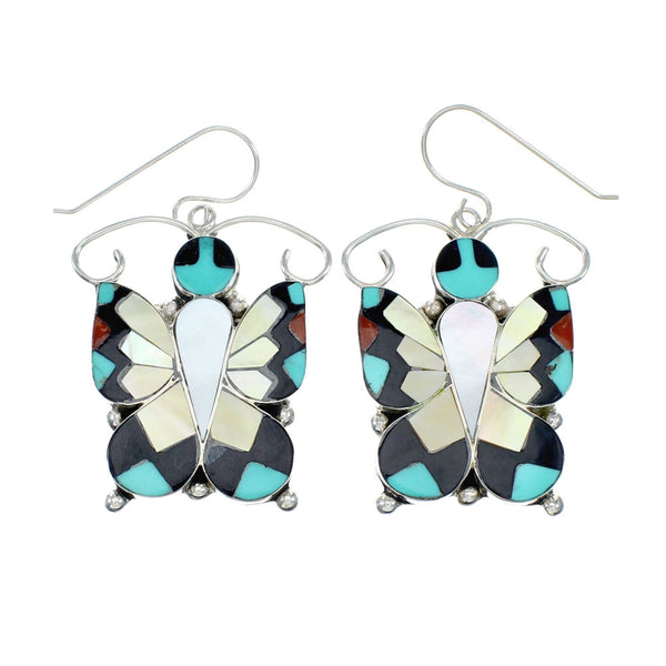Sterling Silver Multicolor Zuni Butterfly Jewelry Hook Dangle Earrings SX10377