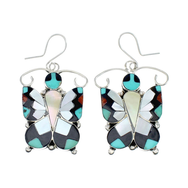 Sterling Silver Multicolor Zuni Butterfly Jewelry Hook Dangle Earrings SX10378