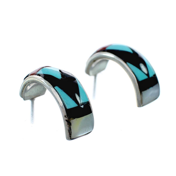 Zuni Indian Multicolor Inlay Genuine Sterling Silver Post Hoop Earrings SX10373