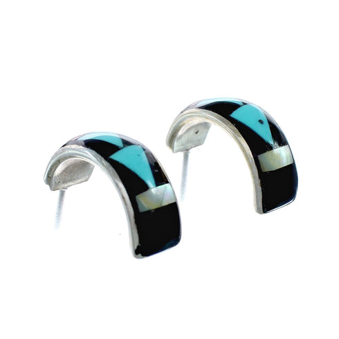 Zuni Indian Multicolor Inlay Genuine Sterling Silver Post Hoop Earrings SX10374