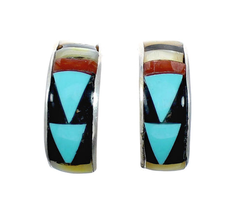 Zuni Multicolor Inlay Genuine Sterling Silver Post Hoop Earrings SX10375