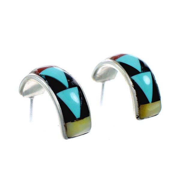 Zuni Multicolor Inlay Genuine Sterling Silver Post Hoop Earrings SX10375