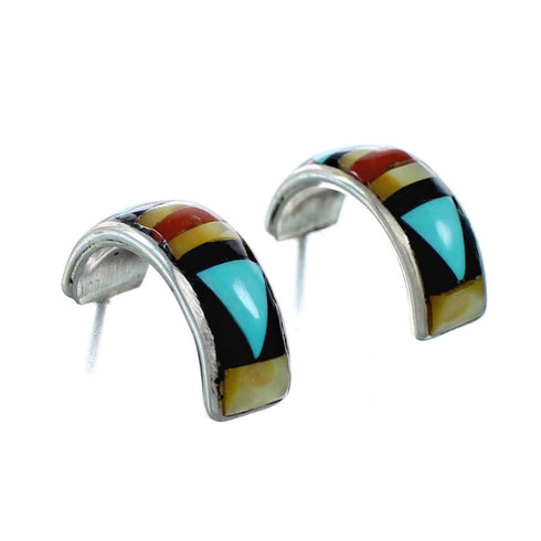 Multicolor Zuni Inlay Genuine Sterling Silver Post Hoop Earrings SX10376