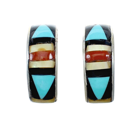 Multicolor Zuni Inlay Genuine Sterling Silver Post Hoop Earrings SX10376