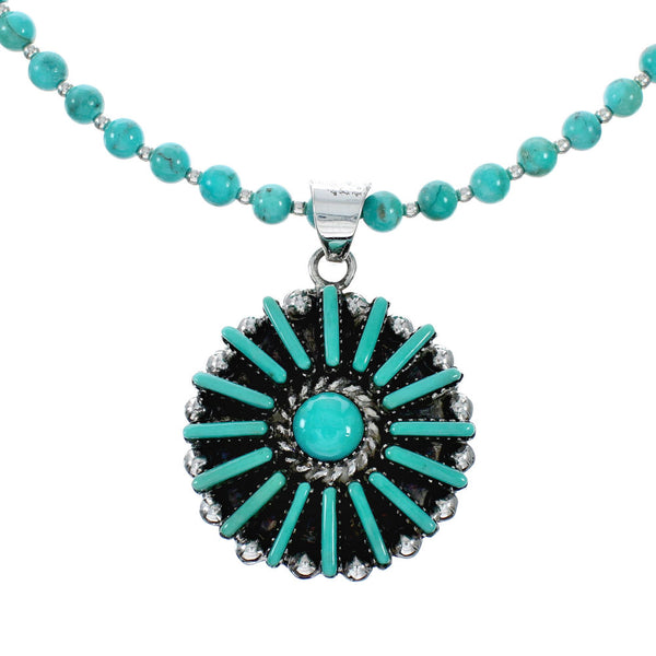 Sterling Silver Turquoise Needlepoint Pendant Navajo Bead Necklace Set SX10396