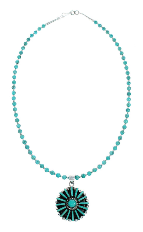 Sterling Silver Turquoise Needlepoint Pendant Navajo Bead Necklace Set SX10396