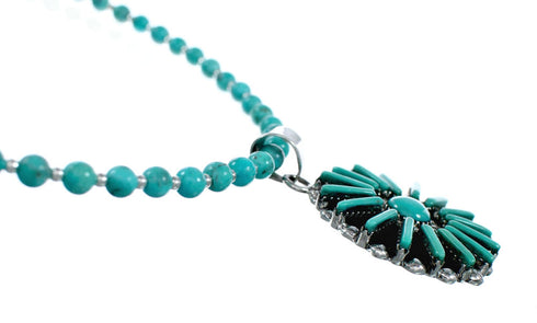 Sterling Silver Turquoise Needlepoint Pendant Navajo Bead Necklace Set SX10396