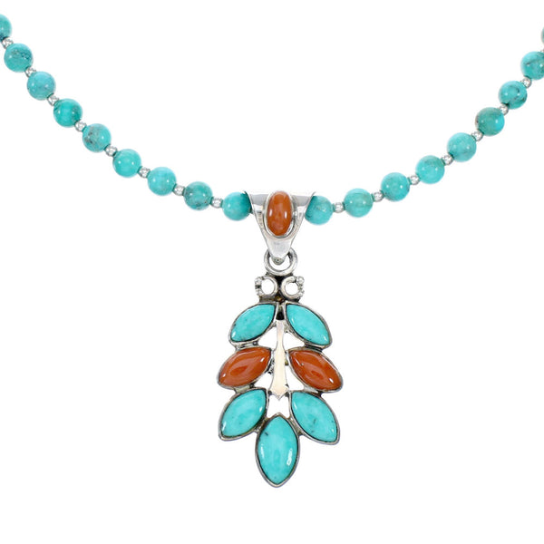 Southwest Turquoise Coral Silver Necklace Leaf Pendant Set SX10417