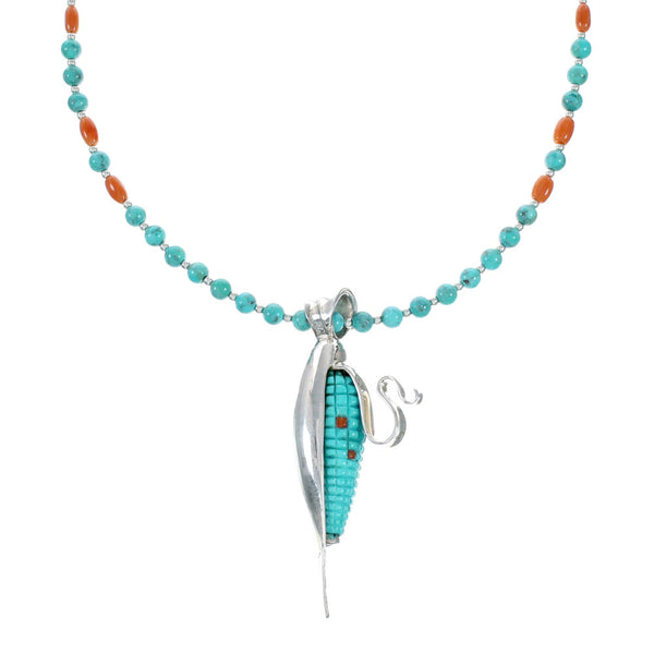 Southwest Turquoise Coral Silver Necklace Corn Pendant Set SX10414