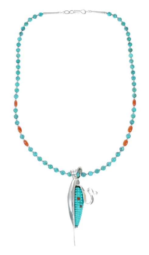 Southwest Turquoise Coral Silver Necklace Corn Pendant Set SX10414