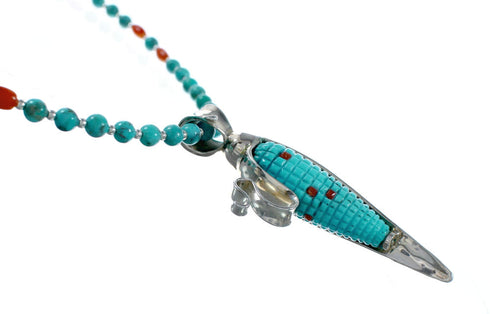 Southwest Turquoise Coral Silver Necklace Corn Pendant Set SX10414