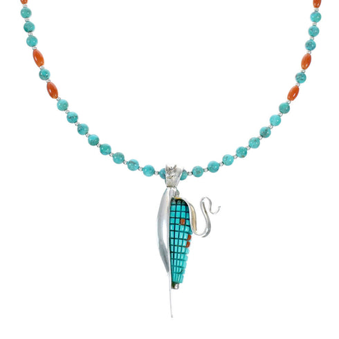 Southwest Turquoise Coral Silver Necklace Corn Pendant Set SX10415
