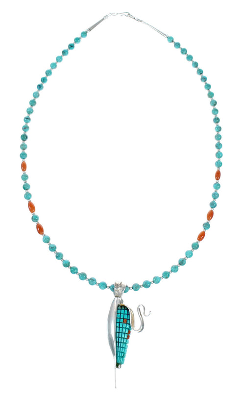 Southwest Turquoise Coral Silver Necklace Corn Pendant Set SX10415
