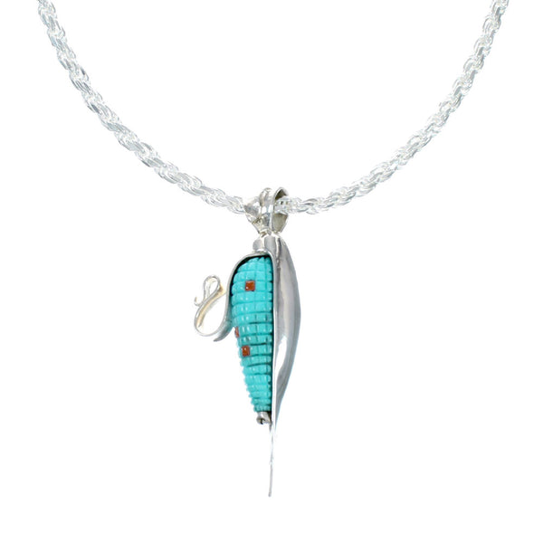 Southwest Turquoise Coral Silver Italian Rope Chain Corn Pendant Set SX10409