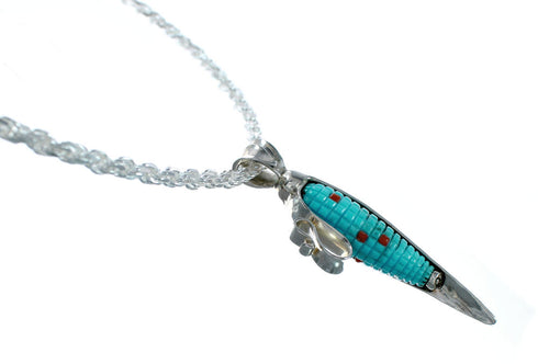 Southwest Turquoise Coral Silver Italian Rope Chain Corn Pendant Set SX10409