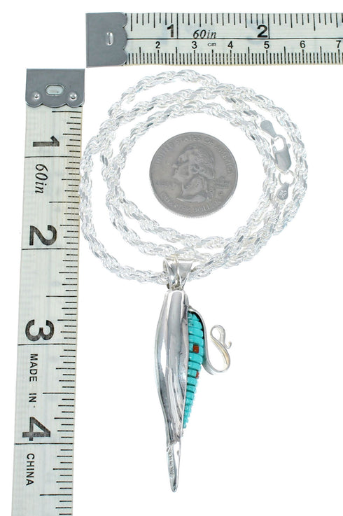 Southwest Turquoise Coral Silver Italian Rope Chain Corn Pendant Set SX10409