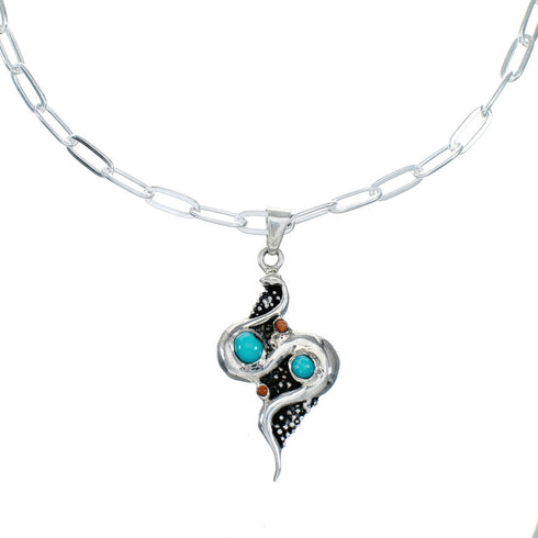 Southwest Sterling Silver Italian Link Chain Turquoise Coral Snake Pendant Necklace Set SX10420