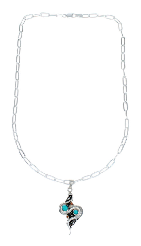 Southwest Sterling Silver Italian Link Chain Turquoise Coral Snake Pendant Necklace Set SX10420