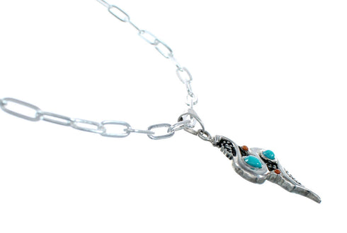 Southwest Sterling Silver Italian Link Chain Turquoise Coral Snake Pendant Necklace Set SX10420