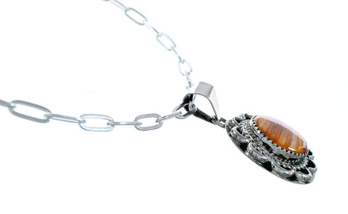 Native American Sterling Silver Italian Link Chain Oyster Shell Pendant Necklace Set SX10410