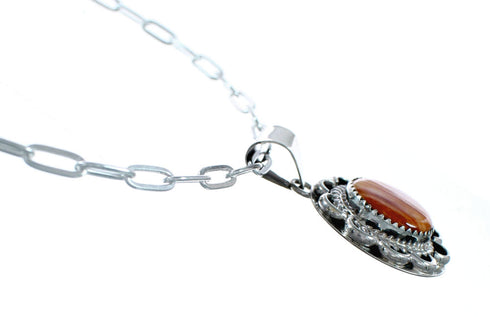 Native American Sterling Silver Italian Link Chain Oyster Shell Pendant Necklace Set SX10411