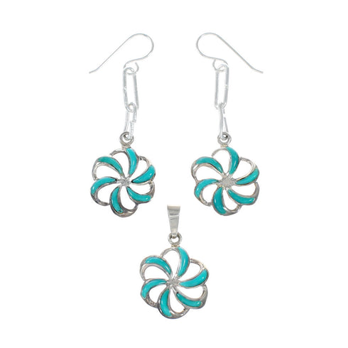 Genuine Turquoise Sterling Silver Flower Hook Dangle Earrings And Pendant Set SX10426
