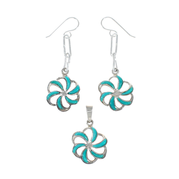 Genuine Turquoise Sterling Silver Flower Hook Dangle Earrings And Pendant Set SX10426