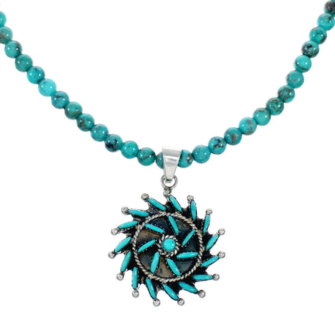 Sterling Silver Turquoise Needlepoint Pendant Navajo Bead Necklace Set SX10434