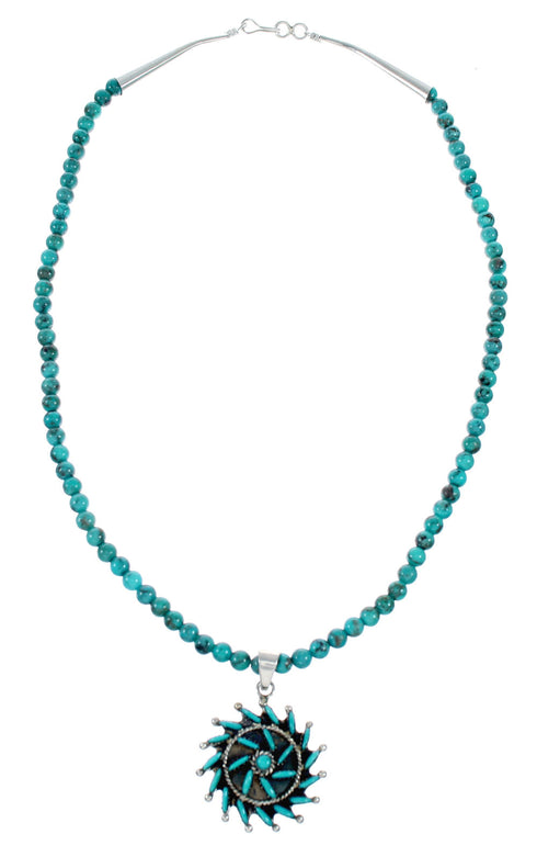 Sterling Silver Turquoise Needlepoint Pendant Navajo Bead Necklace Set SX10434