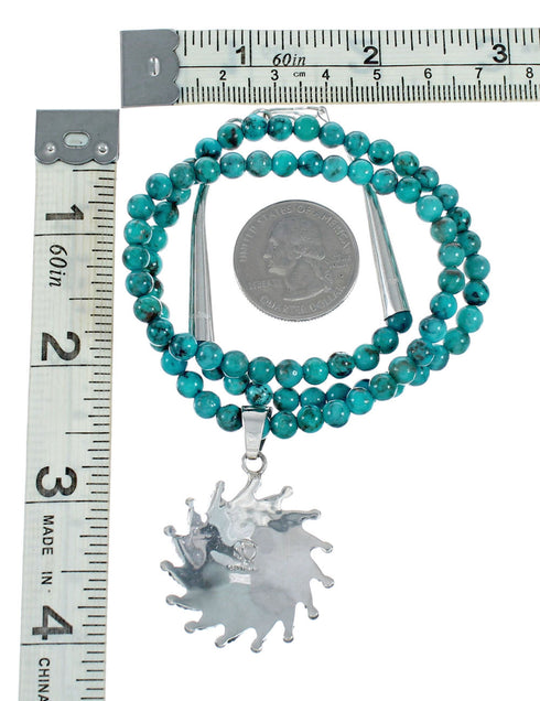 Sterling Silver Turquoise Needlepoint Pendant Navajo Bead Necklace Set SX10434