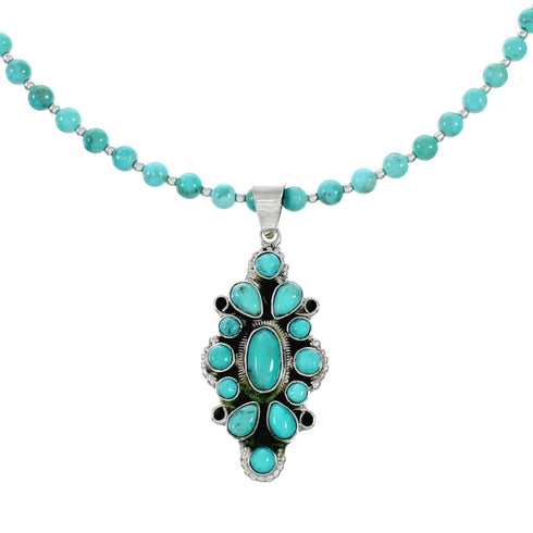 Turquoise Sterling Silver Navajo Bead Necklace And Pendant Set SX10432
