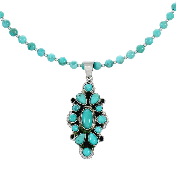 Turquoise Sterling Silver Navajo Bead Necklace And Pendant Set SX10432