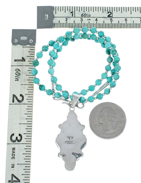 Turquoise Sterling Silver Navajo Bead Necklace And Pendant Set SX10432