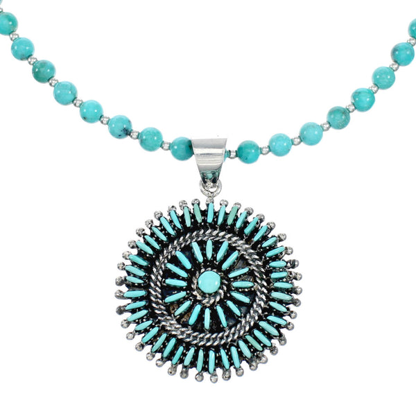 Sterling Silver Turquoise Needlepoint Pendant Navajo Bead Necklace Set SX10438