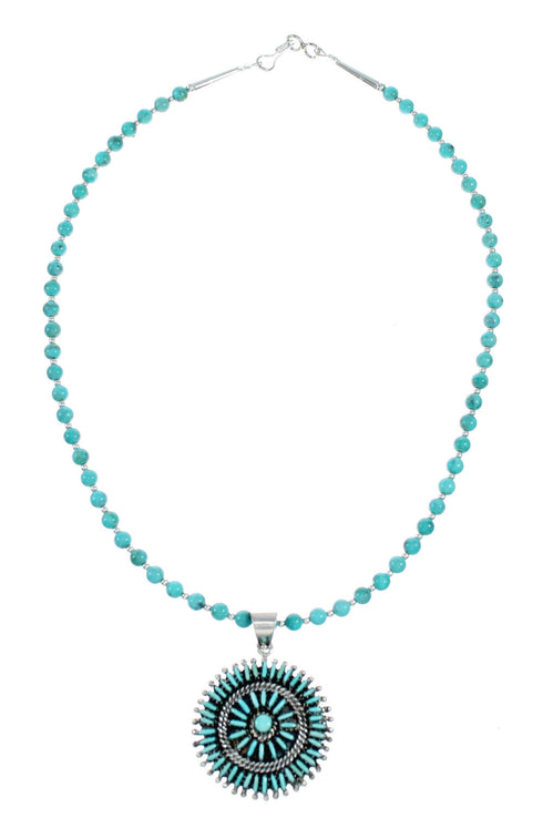 Sterling Silver Turquoise Needlepoint Pendant Navajo Bead Necklace Set SX10438