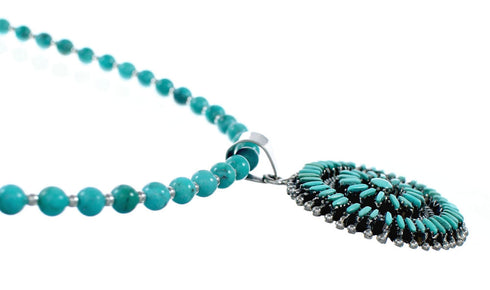 Sterling Silver Turquoise Needlepoint Pendant Navajo Bead Necklace Set SX10438