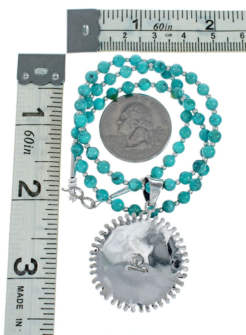 Sterling Silver Turquoise Needlepoint Pendant Navajo Bead Necklace Set SX10438