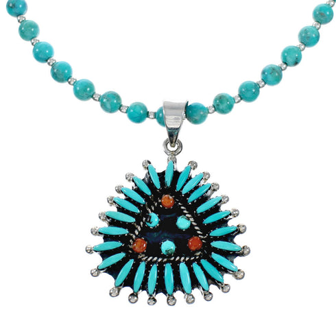 Navajo Turquoise Coral Needlepoint Pendant Bead Sterling Silver Necklace Set SX10440