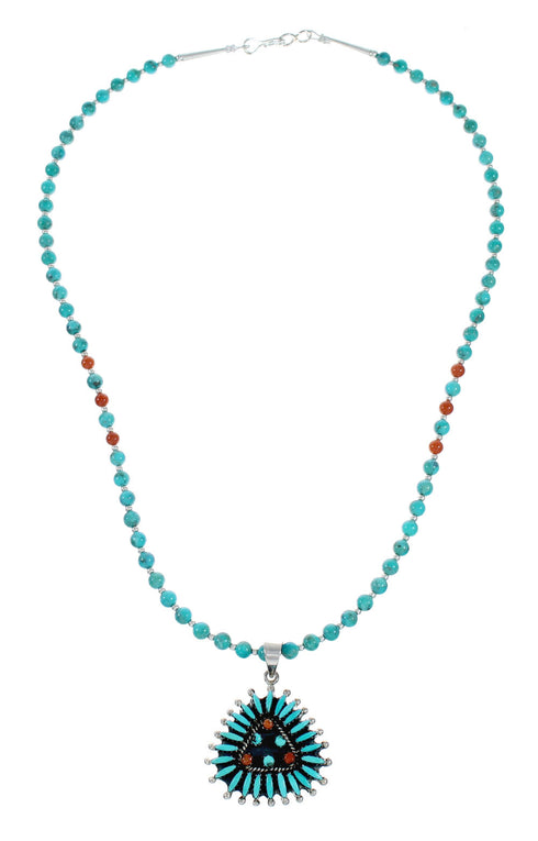 Navajo Turquoise Coral Needlepoint Pendant Bead Sterling Silver Necklace Set SX10440