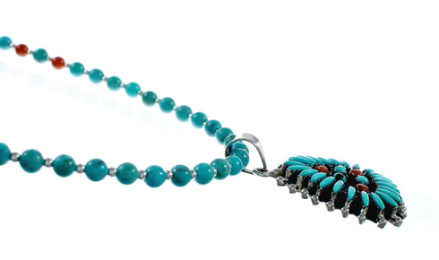 Navajo Turquoise Coral Needlepoint Pendant Bead Sterling Silver Necklace Set SX10440