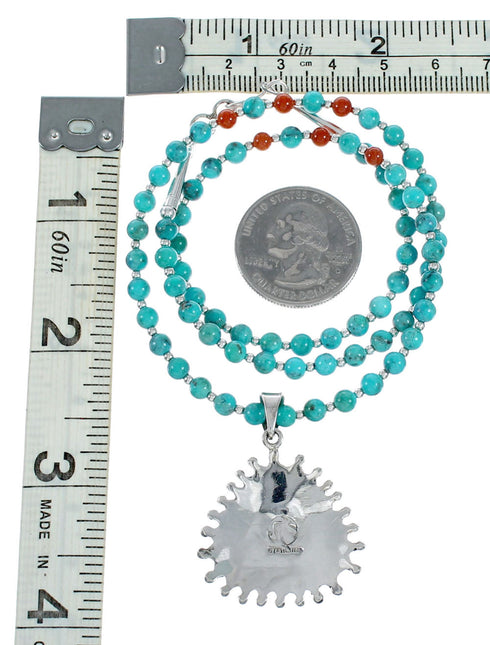 Navajo Turquoise Coral Needlepoint Pendant Bead Sterling Silver Necklace Set SX10440