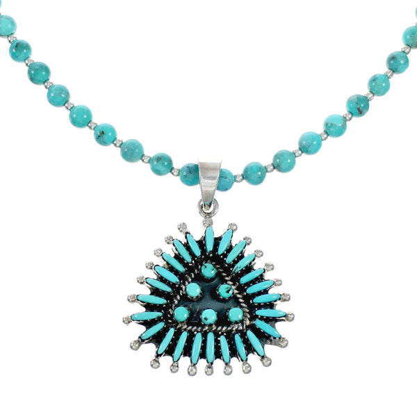 Navajo Turquoise Needlepoint Pendant Bead Sterling Silver Necklace Set SX10439