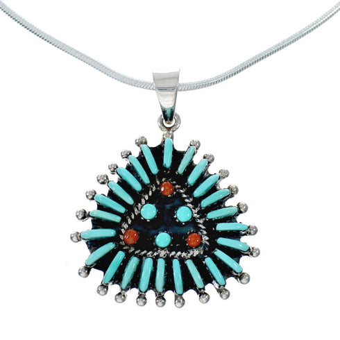 Southwest Silver Italian Snake Chain Necklace Needlepoint Turquoise Coral Pendant Set SX10450